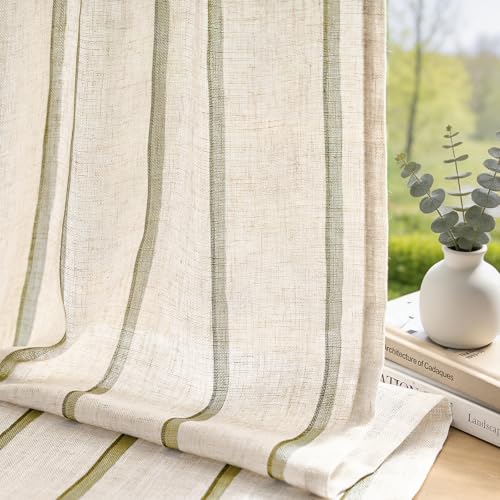 jinchan Light Filtering Striped Linen Curtains 84 Inches Long 2 Panels - color: Green, size: 50"W x 84"L (Pack of 2)
