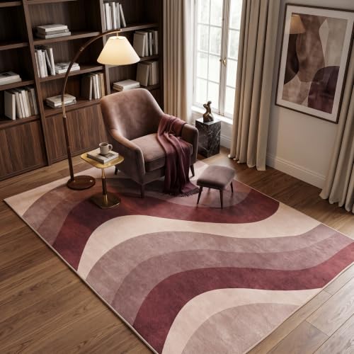 6X9 Modern Burgundy Dusty Rose Wavy Striped Washable Area Rug - color: Burgundy, size: 6' x 9' (Rectangular)