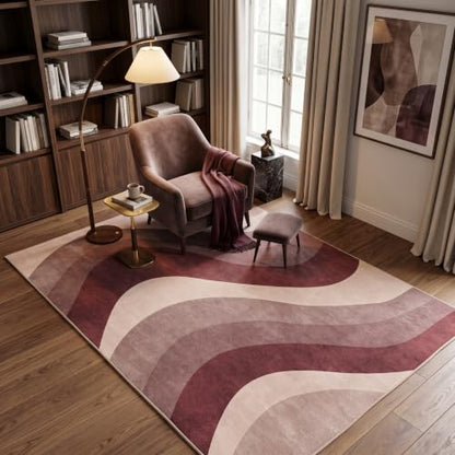 6X9 Modern Burgundy Dusty Rose Wavy Striped Washable Area Rug - color: Burgundy, size: 6' x 9' (Rectangular)