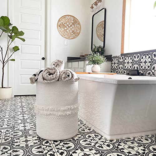 CherryNow 70L Woven Rope Laundry Basket with Tassel, 16" x 22", White - color: Off-white, size: 69L (16"W x 22"H)