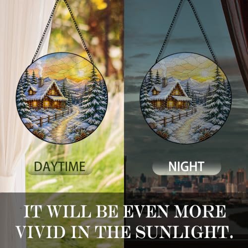 Winter Farmhouse Suncatcher Stained Glass Window Hanging, Rustic Winter Snowy Landscape Sun Catchers Indoor Window Glass Round Wall Decor, Nature Wall Art Hanging Decorations, 7.8x7.8in - color: Snow
