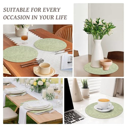 13" Round Placemats Set of 6, Reversible Faux Leather Wipeable Table Mats - color: Light Green