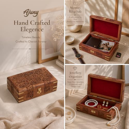 Ajuny Wooden Treasure Chest 8x5 Inch, Hand Carved Eye Floral Jewelry Box