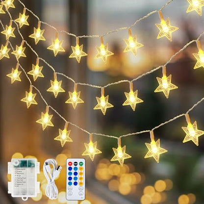 HEYFUNi Warm White Star String Lights with Remote, 16ft 50 LED - color: Warm White, size: 50 LED-Battery&USB