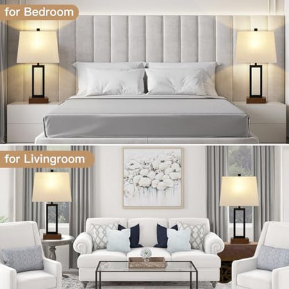 Lolikit Table Lamp for Bedroom Set of 2 with 2 USB Ports and AC Power Outlet, 23.5" Modern Bedside Lamp, Wood Nightstand Lamp with Linen Shade for Living Room Hotel Desk(LED Bulb Included) - color: Beige - 23.5"H