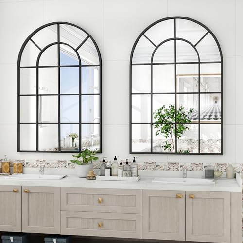 24"×36" Windowpane Arched Wall Mirror with Metal Frame, Black - size: 36"L x 24"W