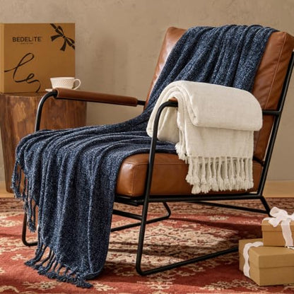 BEDELITE Soft Cozy Chenille Knit Throw Blanket with Tassel,Farmhouse Boho - color: Navy, size: Throw(50"x60")