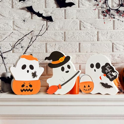 Cute Halloween Decorations Indoor, 3 PCS Wooden Ghost Halloween Decor for Home Table Office Desk Tiered Tray Party Shelf Display Mantle Kitchen Room Spooky Decorations - style: Ghost