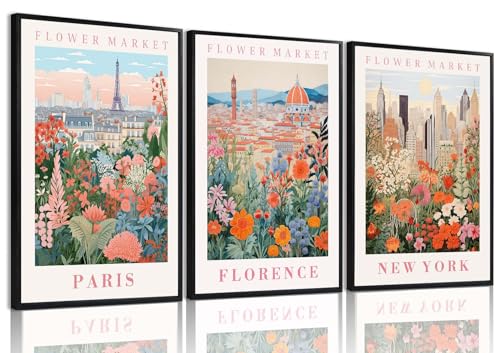 XLARTMY Flower Market Wall Art Prints Canvas Orange and Pink Floral Paintings Colorful Botanical Travel Flower Posters for Home Decor Pictures Set of 3 for Living Room Bedroom 12x16in Unframed - color: Flower Market ORange-1, size: 12x16in Poster