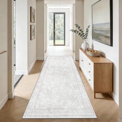 2x8 Hallway Runner Rug: Washable Vintage Floral Entryway Rugs Low Pile Non-Slip Boho Carpet for Kitchen, Bedroom, Bathroom, Dining Room (FloralGrey, 2'x8') - color: Floral Grey, size: 2' x 8' (Rectangular)