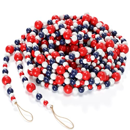 Giegxin 1 Pcs 32.8 ft 4th of July Wooden Bead Garland Patriotic Hanging Garland Farmhouse Beads Decor for Independence Day Mantel Table Party Wall Home Decorations (Blue,Red,White) - color: Blue,red,white
