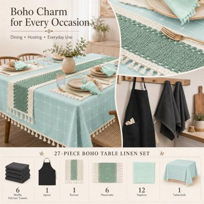 27 Pcs Blue Boho Table Linen Set for 6 with Tablecloth & Placemats - color: Blue