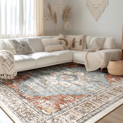 BESTSWEETIE Washable Boho 9x12 Area Rug, No Pile, Living Room, Green Brick - color: Green/Brick/Rust Red, size: 12' x 9' (Rectangular)