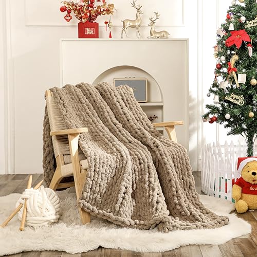 WESHIONGOO Chunky Knit Blanket Throw for Couch Bed 51"×63" Brown - color: Brown, size: 51"x63"(Large Size Throw)