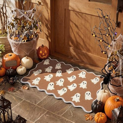 Halloween Door Mat Outdoor Scalloped Ghost Rug Cute Faux Coir Welcome Mat - style: Ghost