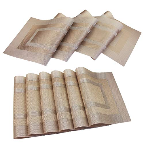 PIGCHCY Placemats with Matching Table Runner,Heat Resistant Vinyl Woven Washable Table mats Sets (6 Placemats+1 Table Runner,Champagne) - color: Box: Champagne, size: 6 Placemats + 1 Table Runner
