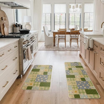 Artoid Mode Check Pattern Flowers Floral Spring Kitchen Mats Set of 2, Home Decor Low-Profile Kitchen Rugs for Floor - 17x29 and 17x47 Inch