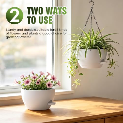 8 Inch Self Watering Hanging Planters Set of 3 with Saucers - color: White, size: 8 Inch 3 Pack