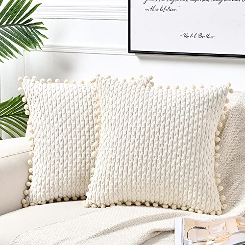 Fancy Homi Set of 2 Boho Cream Decorative Throw Pillow Covers 18x18 Inch with Pom-poms for Couch Bed Sofa, Modern Farmhouse Home Decor, Soft Plush Corduroy Cute Cushion Case 45x45 cm - color: Cream, size: 18" x 18" (Pack of 2)