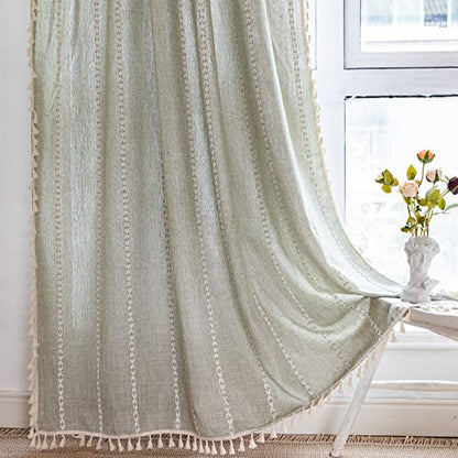RoomTalks Sage Green Boho Farmhouse Curtains for Bedroom Living Room 84 Inch Length French Country Spring Cute Textured Window Curtain Panels Striped Bohemian Chic Tassel Draperies, 84’’L x 52’’W - color: Sage Green, size: 52"W x 84"L (Pack of 2)