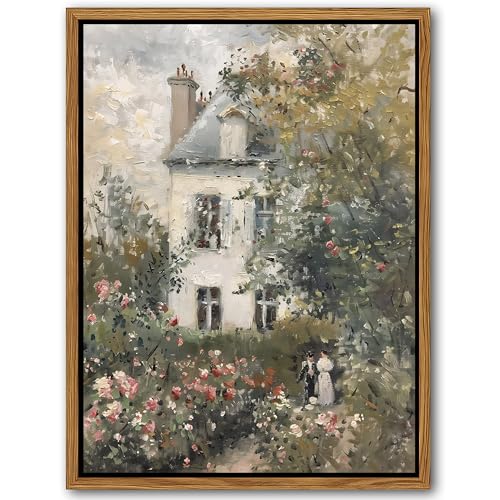 Floating Framed Canvas Vintage Wall Art, Neutral English Cottage Rose Garden Oil Paintings Print, Spring Pictures Wall Decor for Living Room Hallway Bedroom Office Rustic Decor 16x24 inch - color: Romantic Garden, size: 24"L x 16"W