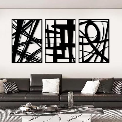 WINUSD 3Pcs Abstract Black Metal Wall Art, 3D Textured Metal Wall Decor, Modern Hollow Out Design Metal Wall Sculptures, Minimalist Line Art Home Decor for Living Rooms Offices Restaurants(16in x 11in)