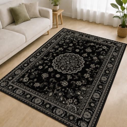 Boho Black Area Rug 3x5 Soft Machine Washable Neutral Vintage Area Rug with Non-Slip Backing Low Pile Throw Rugs for Entryway, Living Room, Kitchen, Kis Room, Office, Bedroom, Laundry Mat Carpet Decor - color: Bohoblack, size: 3' x 5' (Rectangular)