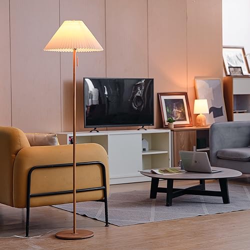 Globe Electric 61000053 62" Floor Lamp, Wood-Toned Finish, Pleated Fabric Shade, Pull Chain Switch, Reading Light, E26 Base, Modern Classic Lighting for Living Rooms and Bedrooms - color: Wood Toned, Oren