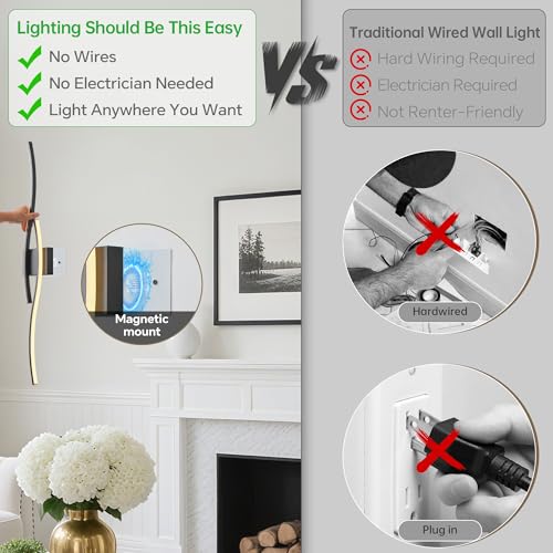 Wireless Wall Sconces Set of Two, Dimmable, 3CCT, Up to 65H Runtime - color: Black, size: 31.5 inches (2 Pack)