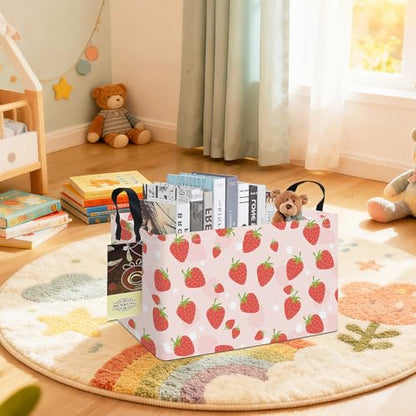 Rectangle Foldable Storage Basket Handles For Home, Pink Strawberry - color: REC-Pink Strawberry