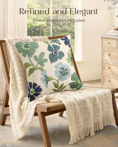 Embroidered Floral Throw Pillow Cover 20x20 Inch, Teal Flower - color: Teal Flower, size: 20" x 20" (Pack of 1)
