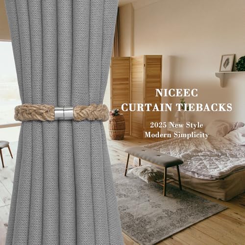 NICEEC 2 Pack Natural Jute Rope Curtain Tiebacks Elegant Boho Style Magnetic Drape Tie Backs Soft Hand-Woven Rope Curtain Holdbacks for Home & Office Drapery (Jute Rope-Thick) - color: Jute Rope-thick, size: 2 Pack