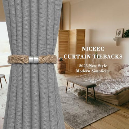 NICEEC 2 Pack Natural Jute Rope Curtain Tiebacks Elegant Boho Style Magnetic Drape Tie Backs Soft Hand-Woven Rope Curtain Holdbacks for Home & Office Drapery (Jute Rope-Thick) - color: Jute Rope-thick, size: 2 Pack