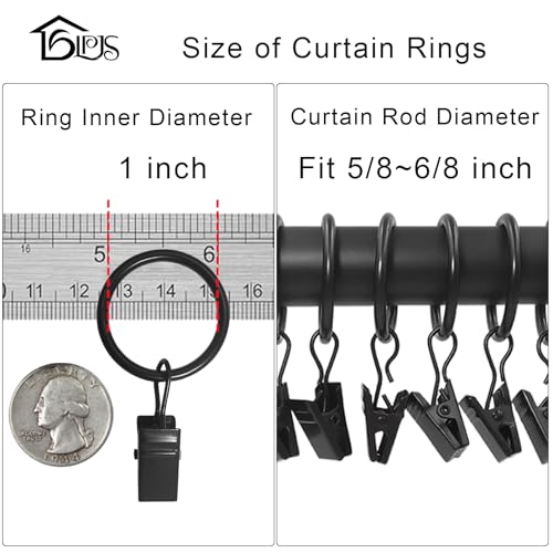 LLPJS Curtain Rings with Clips, 1 inch ID, 44 Pack, Black - color: Black, size: 1" I D Set of 44