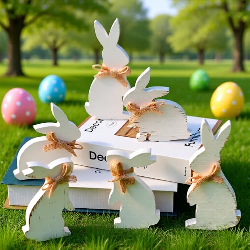 6 Pack Wooden Easter Bunny Decor, White Rabbit Table Centerpieces Farmhouse Easter Decorations for Home, Mantel, Tiered Tray, Shelf, Rustic Spring Bunny Figurines