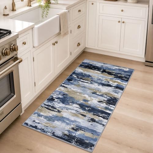 Abstract 2x4 Rug Washable Entryway Runner Non Slip Kitchen Runner | Navy Blue Multi;Thin Printed Faux Wool Entrway Runner;4ft Carpet Runners;Non Skid Runners for Bedroom,Hallway,Laundry Room - color: Navy / Blue / Taupe, size: 2' x 4' (Runner)