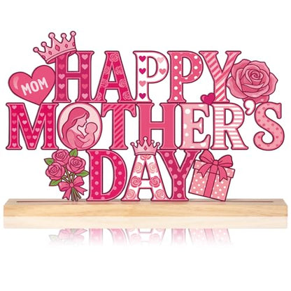 Roowest Metal Happy Mother's Day Tabletop Sign Decor with Wooden Base - style: Happy Mother's Day