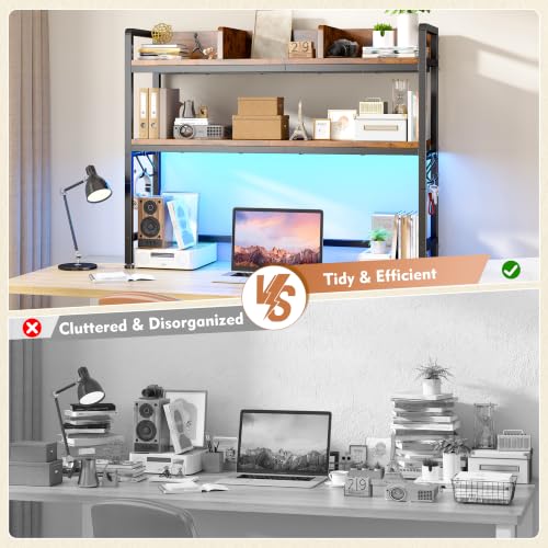 REIBII 2-Tier Desk Shelf with LED for Bedroom and Home Office, Rustic Brown - color: Rustic Brown, size: 7.8"D x 37.5"W x 38.7"H