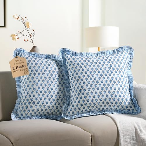 CPC Apatite Blue Block Print Ruffle Pillow Cover 16x16 Inch, Pack of 2 - color: Apatite Blue, size: 16" x 16" (Pack of 2)