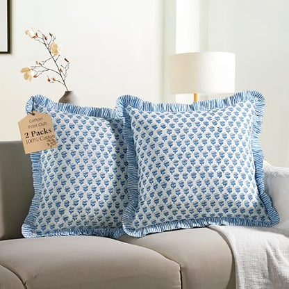 CPC Apatite Blue Block Print Ruffle Pillow Cover 18x18 Inch, Pack of 2 - color: Apatite Blue, size: 18" x 18" (Pack of 2)