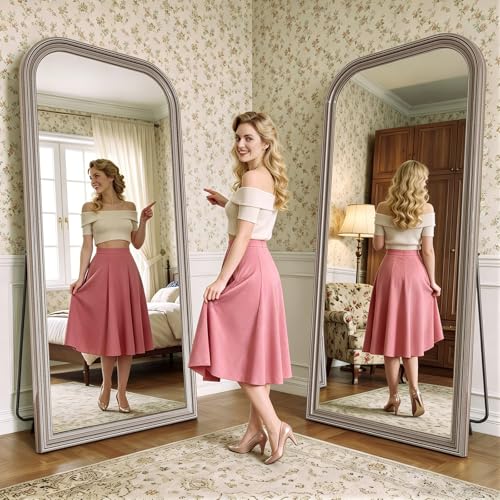 71"x32" Full Length Mirror with Stand, Arched PU Frame - color: Antique Silver