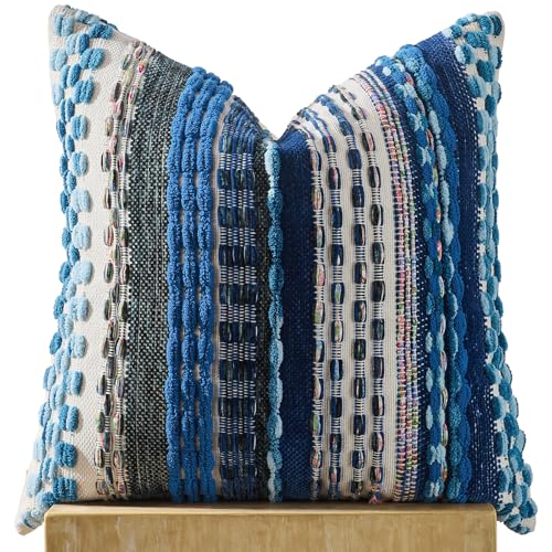 AmHoo Chenille Tufted Striped Textured Boho Throw Pillow Covers Aesthetic Woven Decorative Pillow Case for Couch Bed Sofa Bedroom Modern Funky 18 x 18-Inch Sodalite Blue - color: Sodalite Blue, size: 18" x 18" (Pack of 1)