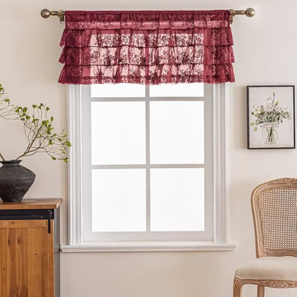 Kotile Burgundy Lace Ruffle Valance for Windows W52 x L18 Inch, 1 Panel - color: Burgundy - Ruffle Lace