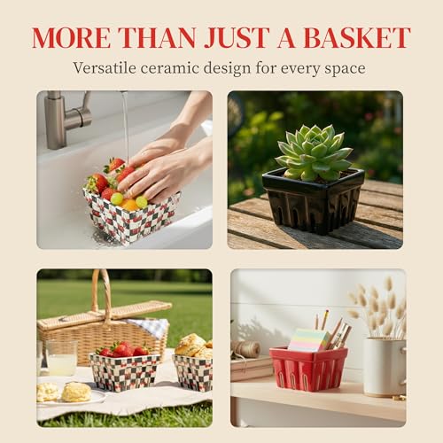 BIEN BEAU Ceramic Berry Baskets Set of 4, Checkered Berry Colander - color: Black
