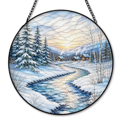Rustic Winter River Suncatcher Stained Glass Window Hanging, Winter Snowy River Landscape Sun Catchers Indoor Window Glass Round Wall Decor, Nature Wall Art Hanging Decorations, 7.8x7.8in - color: River
