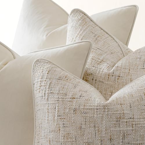 a moment Beige 4 Pack Throw Pillow Covers - Chenille & Velvet Set with Piping, Farmhouse Textured Design Pillow Cases for Couch Sofa Bed Livingroom (16x16 Inch, No Insert) - color: Beige, size: 16" x 16" (Pack of 4)
