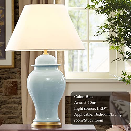 Blue Ceramic Table Lamp, Nordic Bedside Lamp Gold Metal Bracket Base with White Fabric Lampshadetable Lamps for Living Room Bedroom Study Hotel