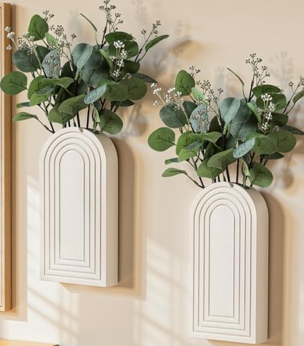 DREAMLOOM 2 Pack Wooden Wall Vases with Fake Plants, Wall Hanging Planters Boho Modern Farmhouse Indoor for Narrow Spaces Entryway Bathroom Home Office Decoration, White - color: C-white
