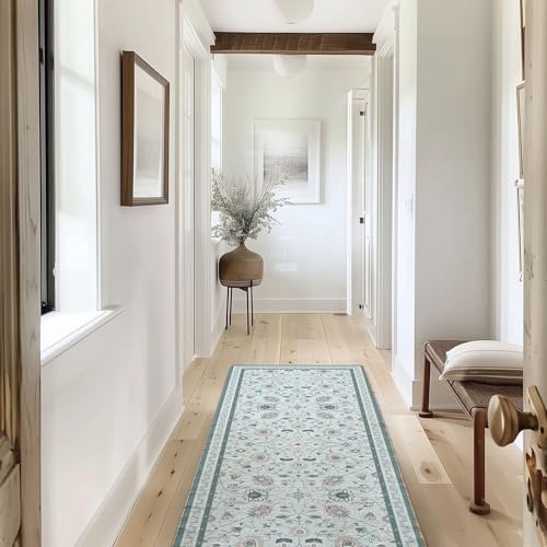 EverGrace Hallyway Area Runner Rugs 2x6, Boho Floral Faux Wool Indoor Outdoor Rugs, Washable Rugs for Bedroom Bathroom Living Room Kitchen, Low Pile Floor Mat Carpet for Home Decor, Pale Blue - color: Pale Blue Multi, size: 2'x6'