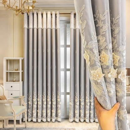 Amidoudou 1 Pair European 3D Flower Luxury Embroidered Curtains Double Layer Curtains with Valance for Living Room Bedroom (Grey,52x96 Inch) - color: Grey, size: 52"W x 96"L (Pack of 2)